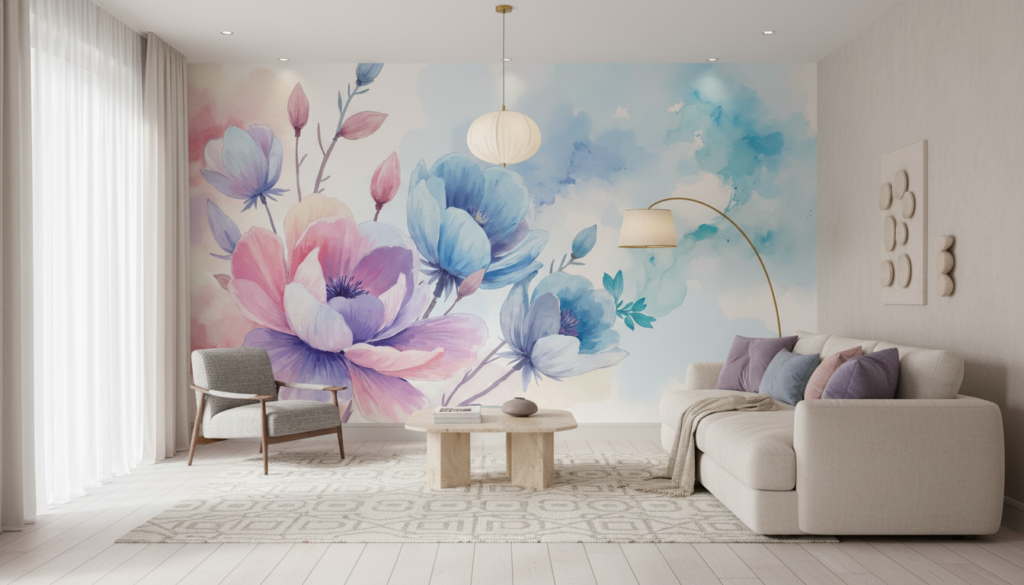 Papier peint aquarelle fleurs bleues et roses style romantique - Salon / Séjour