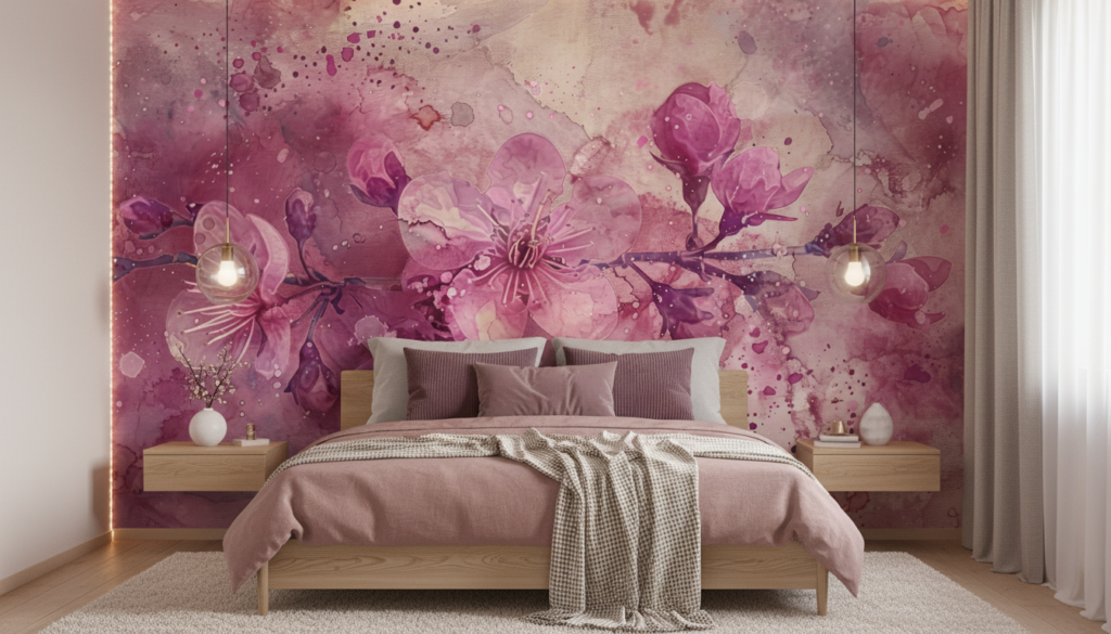 Papier peint aquarelle fleurs cerisier roses romantiques délicates - Chambre ado