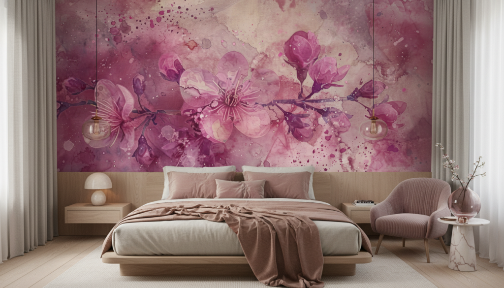 Papier peint aquarelle fleurs cerisier roses romantiques délicates - Chambre adulte