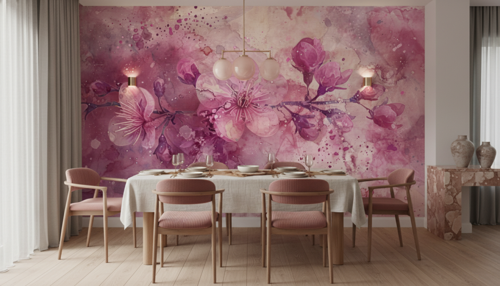 Papier peint aquarelle fleurs cerisier roses romantiques délicates - Salle à manger