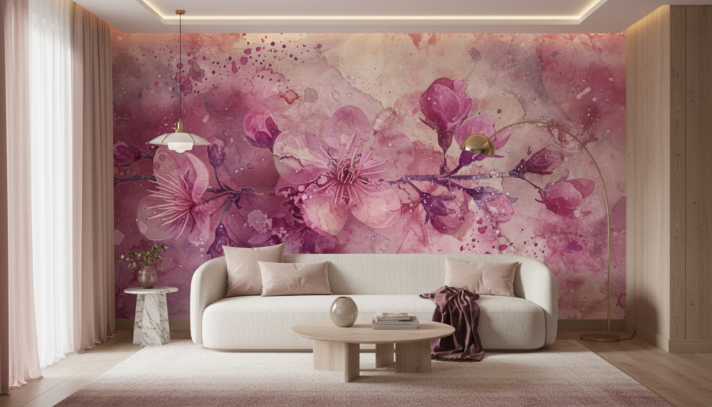 Papier peint aquarelle fleurs cerisier roses romantiques délicates - Salon / Séjour