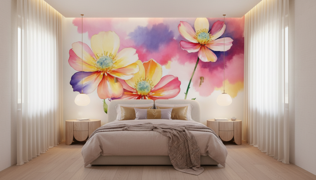 Papier peint aquarelle fleurs cosmos roses violettes fond coloré - Chambre adulte