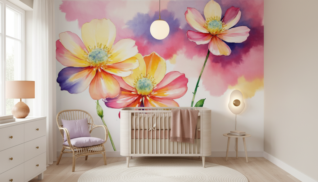 Papier peint aquarelle fleurs cosmos roses violettes fond coloré - Chambre bébé