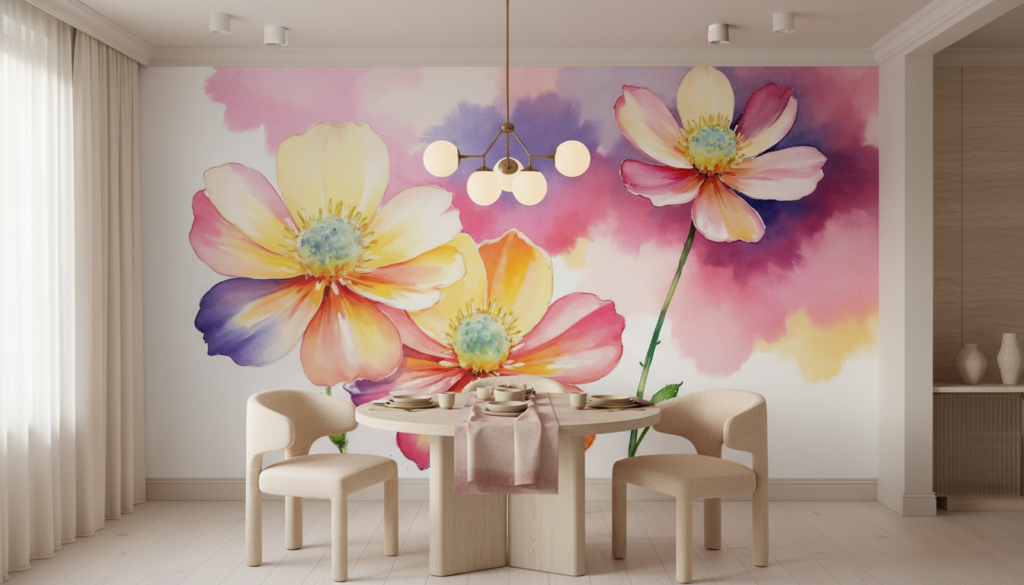 Papier peint aquarelle fleurs cosmos roses violettes fond coloré - Salle à manger