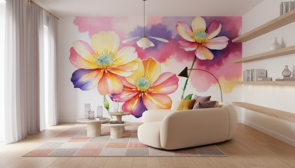 Papier peint aquarelle fleurs cosmos roses violettes fond coloré - Salon / Séjour