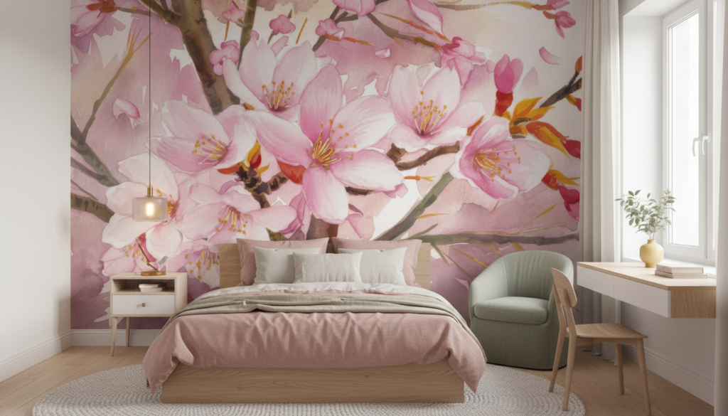 Papier peint aquarelle fleurs de cerisier roses délicates branches - Chambre ado