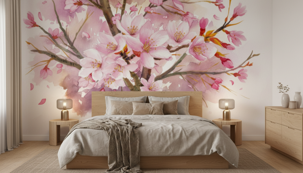 Papier peint aquarelle fleurs de cerisier roses délicates branches - Chambre adulte