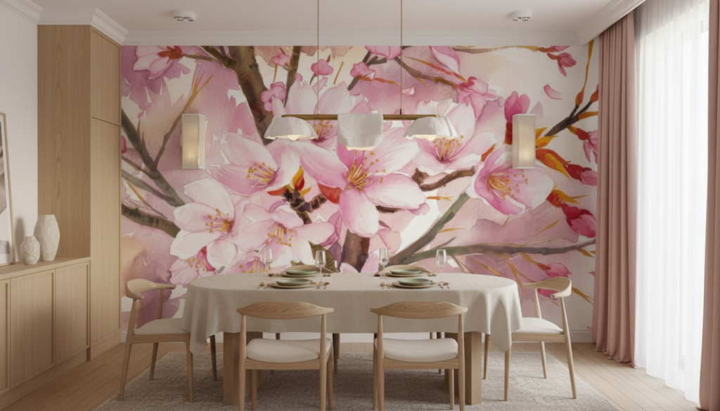 Papier peint aquarelle fleurs de cerisier roses délicates branches - Salle à manger