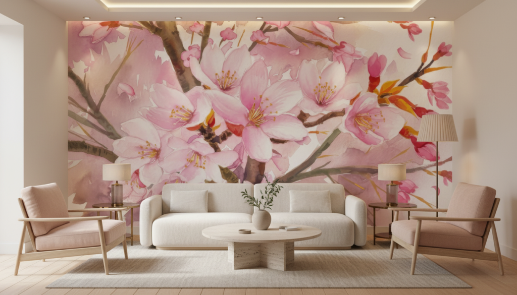 Papier peint aquarelle fleurs de cerisier roses délicates branches - Salon / Séjour