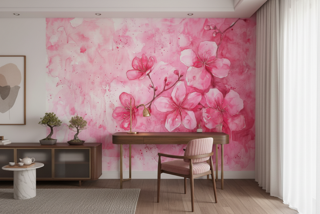 Papier peint aquarelle fleurs de cerisier roses délicates - Bureau