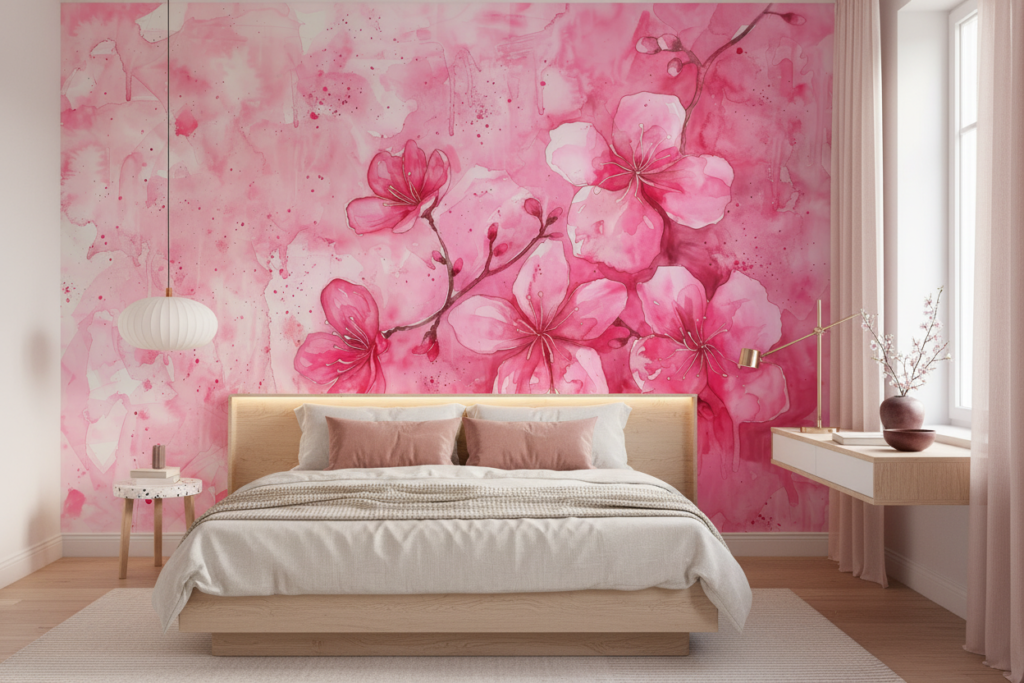 Papier peint aquarelle fleurs de cerisier roses délicates - Chambre ado