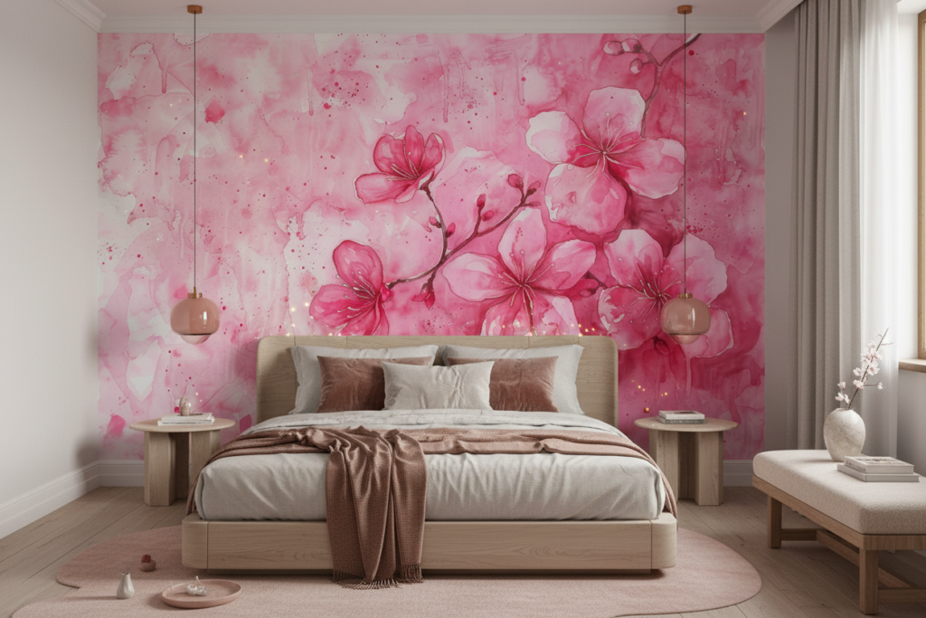 Papier peint aquarelle fleurs de cerisier roses délicates - Chambre adulte