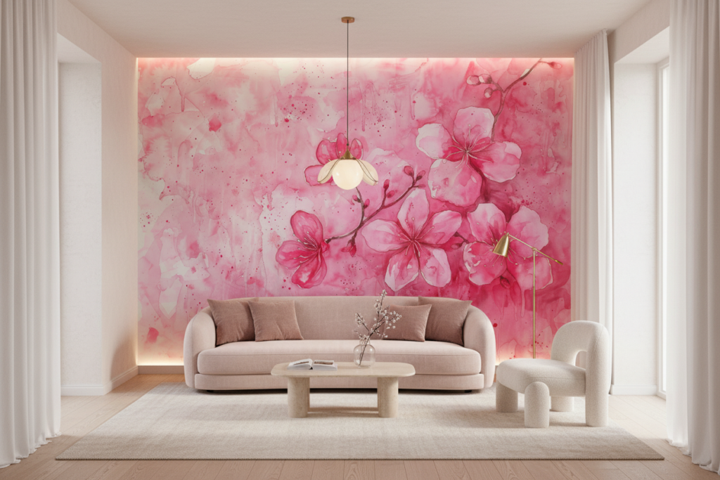 Papier peint aquarelle fleurs de cerisier roses délicates - Salon / Séjour