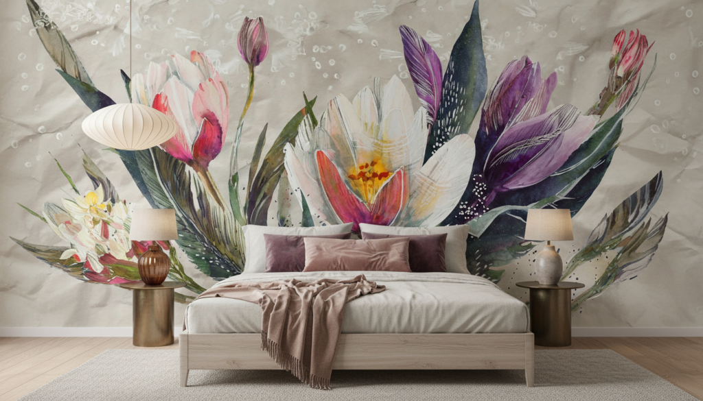 Papier peint aquarelle fleurs de lotus et plumes colorées - Chambre adulte