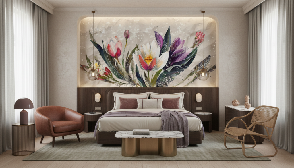 Papier peint aquarelle fleurs de lotus et plumes colorées - Hôtel