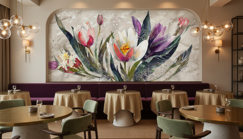 Papier peint aquarelle fleurs de lotus et plumes colorées - Restaurant