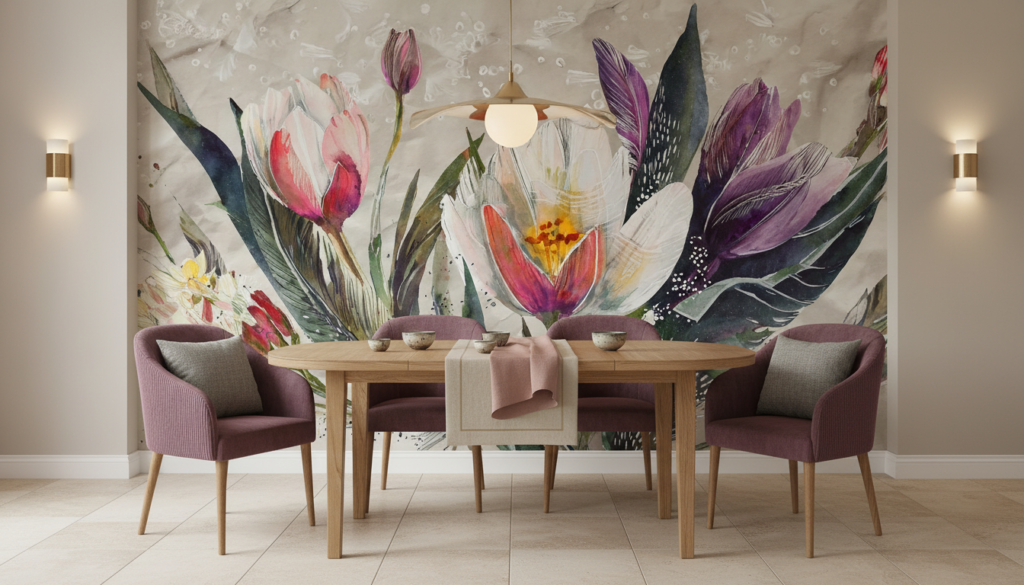 Papier peint aquarelle fleurs de lotus et plumes colorées - Salle à manger