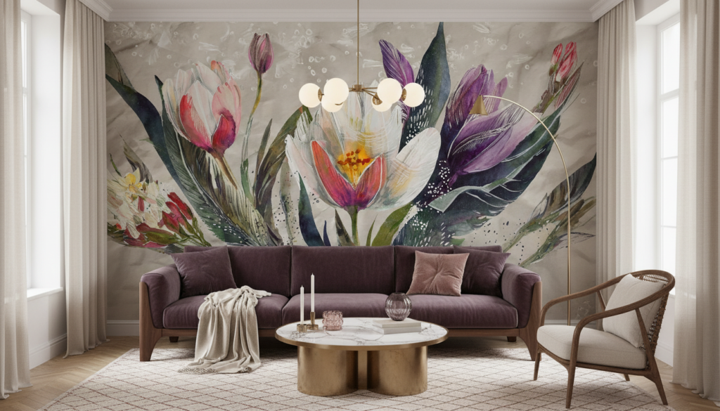 Papier peint aquarelle fleurs de lotus et plumes colorées - Salon / Séjour