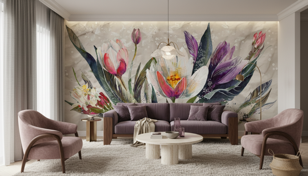 Papier peint aquarelle fleurs de lotus et plumes colorées - Salon / Séjour