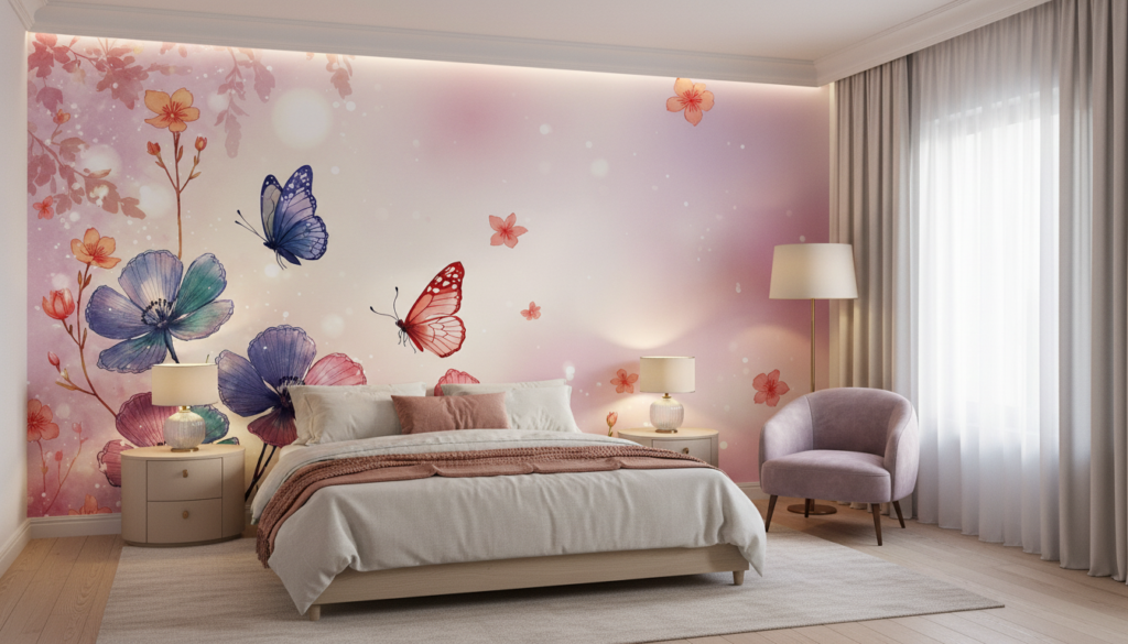 Papier Peint Aquarelle Fleurs et Papillons Pastel Romantique - Chambre adulte