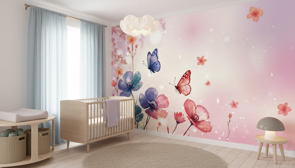 Papier Peint Aquarelle Fleurs et Papillons Pastel Romantique - Chambre bébé