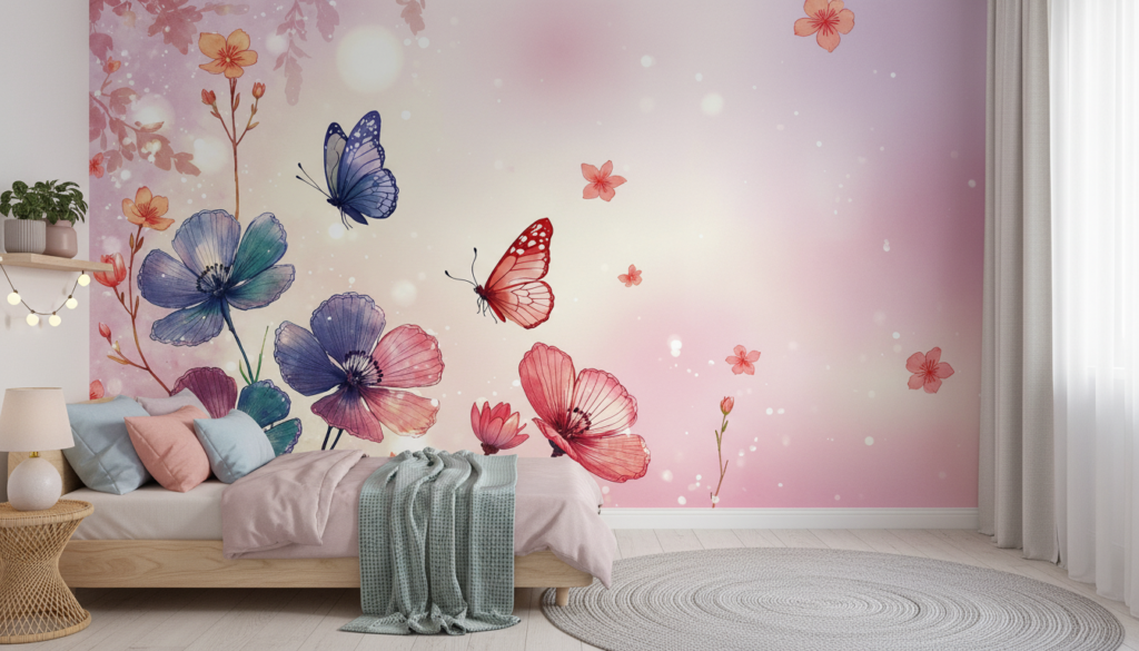 Papier Peint Aquarelle Fleurs et Papillons Pastel Romantique - Chambre enfant