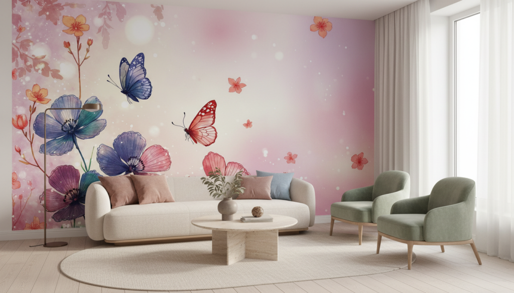 Papier Peint Aquarelle Fleurs et Papillons Pastel Romantique - Salon / Séjour