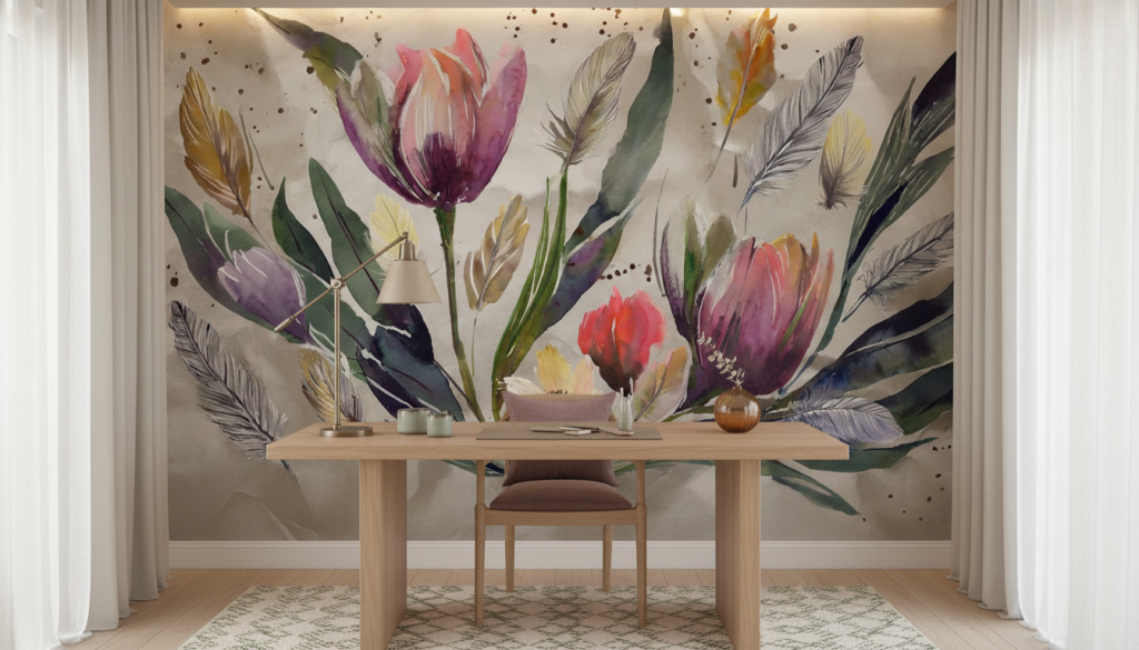 Papier peint aquarelle fleurs et plumes aux tons pastel bohème - Bureau