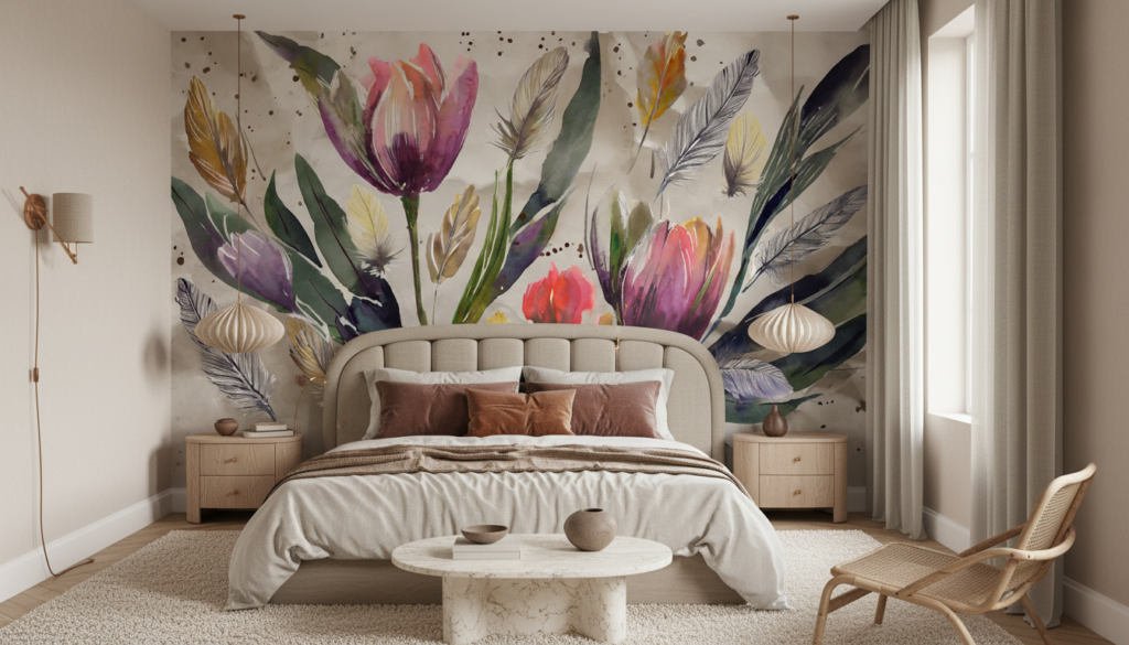 Papier peint aquarelle fleurs et plumes aux tons pastel bohème - Chambre adulte