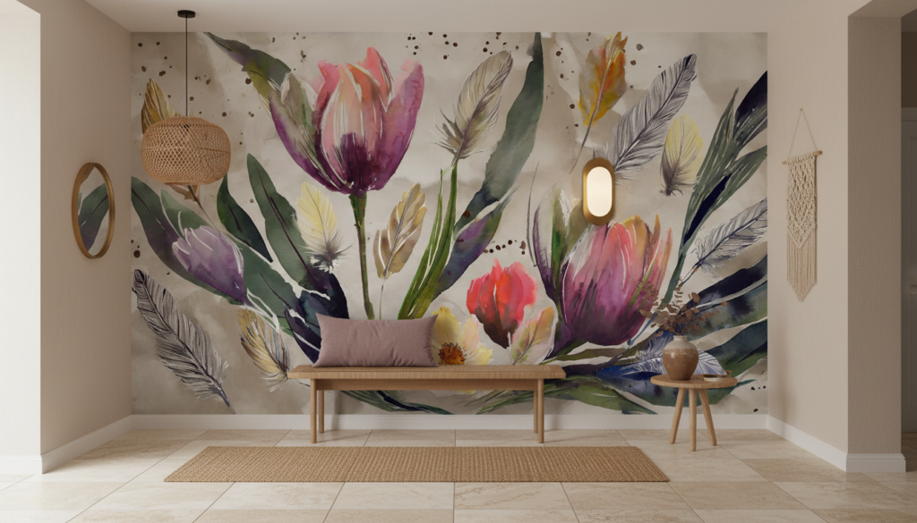 Papier peint aquarelle fleurs et plumes aux tons pastel bohème - Entrée