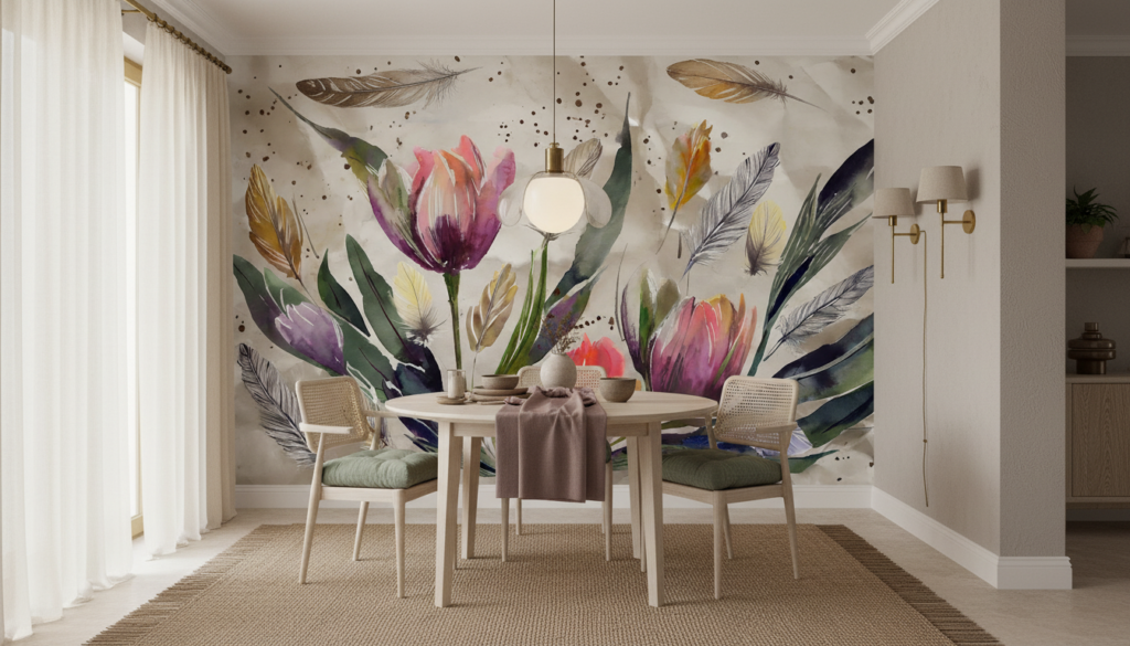Papier peint aquarelle fleurs et plumes aux tons pastel bohème - Salle à manger