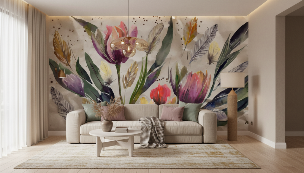 Papier peint aquarelle fleurs et plumes aux tons pastel bohème - Salon / Séjour