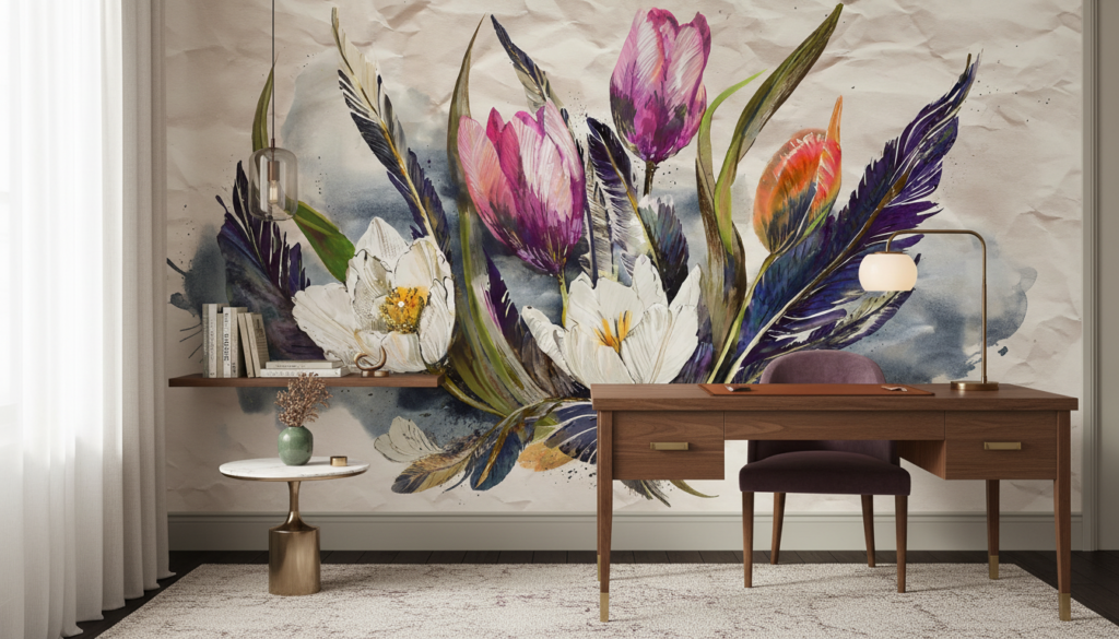 Papier Peint Aquarelle Fleurs Exotiques et Plumes Colorées - Bureau