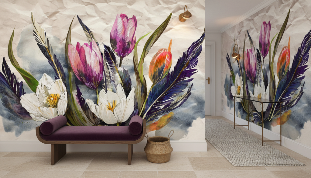 Papier Peint Aquarelle Fleurs Exotiques et Plumes Colorées - Entrée