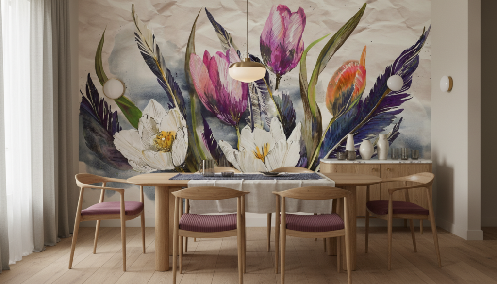 Papier Peint Aquarelle Fleurs Exotiques et Plumes Colorées - Salle à manger