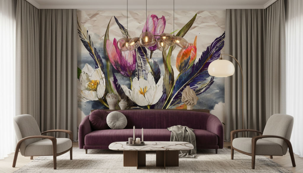 Papier Peint Aquarelle Fleurs Exotiques et Plumes Colorées - Salon / Séjour