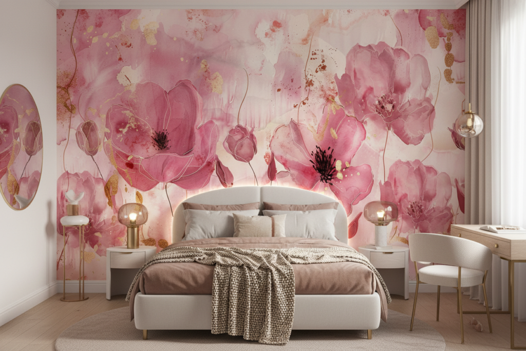 Papier Peint Aquarelle Fleurs Roses avec Touches Dorées - Chambre ado