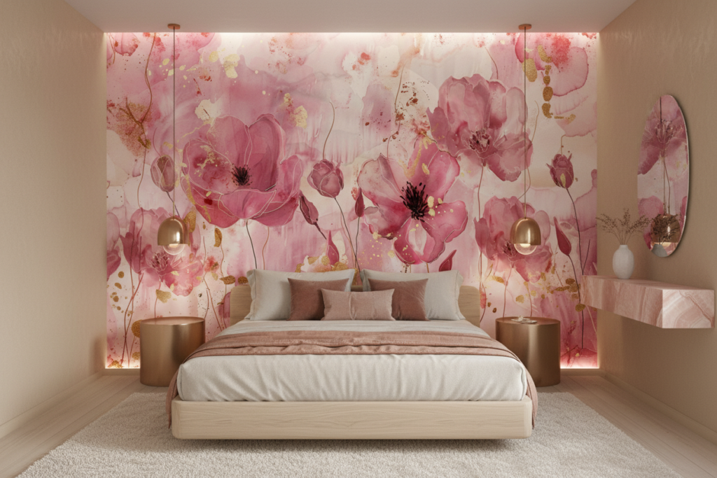 Papier Peint Aquarelle Fleurs Roses avec Touches Dorées - Chambre adulte