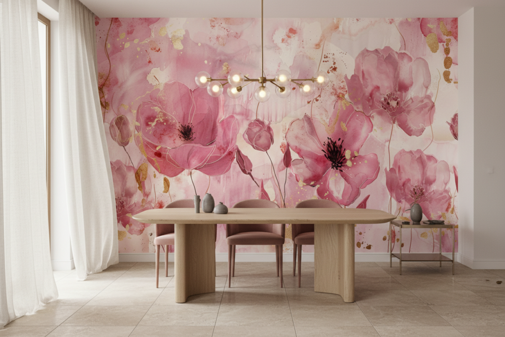 Papier Peint Aquarelle Fleurs Roses avec Touches Dorées - Salle à manger