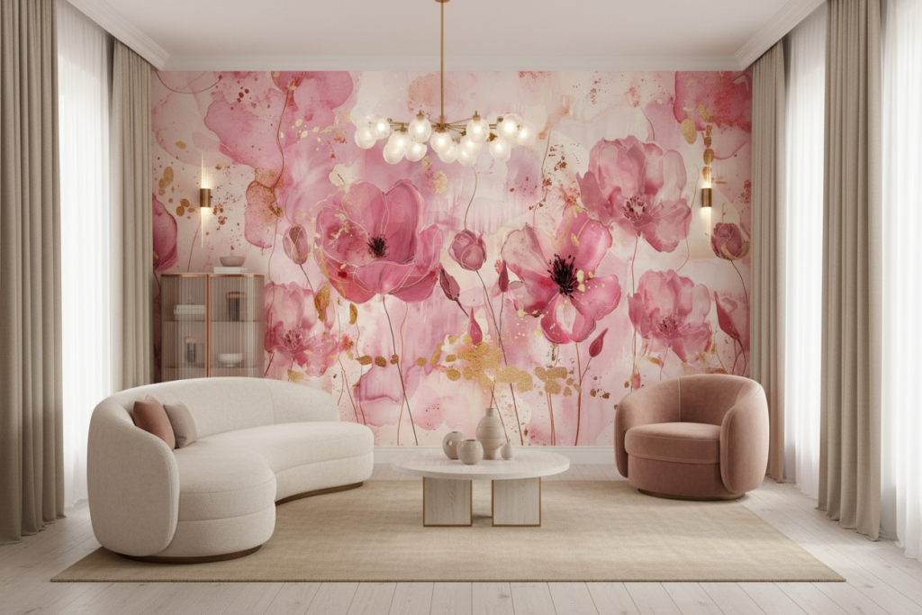 Papier Peint Aquarelle Fleurs Roses avec Touches Dorées - Salon / Séjour