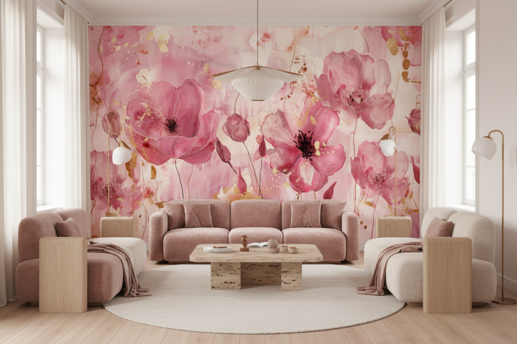 Papier Peint Aquarelle Fleurs Roses avec Touches Dorées - Salon / Séjour