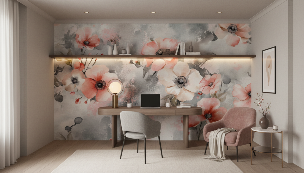 Papier peint aquarelle fleurs roses et grises moderne élégant - Bureau