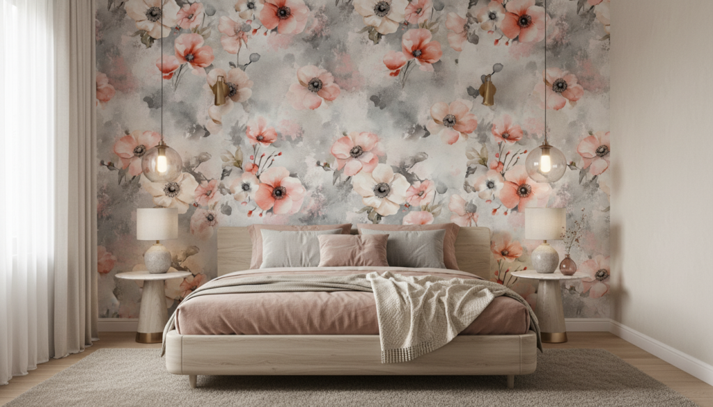 Papier peint aquarelle fleurs roses et grises moderne élégant - Chambre adulte