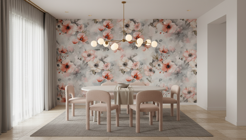 Papier peint aquarelle fleurs roses et grises moderne élégant - Salle à manger