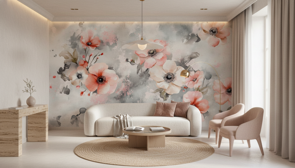 Papier peint aquarelle fleurs roses et grises moderne élégant - Salon / Séjour