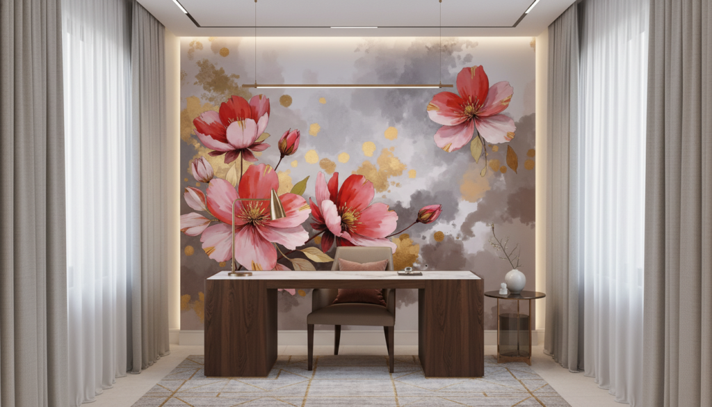 Papier peint aquarelle fleurs sakura rose doré moderne élégant - Bureau