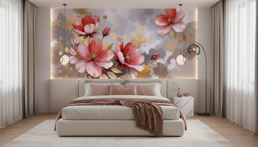 Papier peint aquarelle fleurs sakura rose doré moderne élégant - Chambre adulte