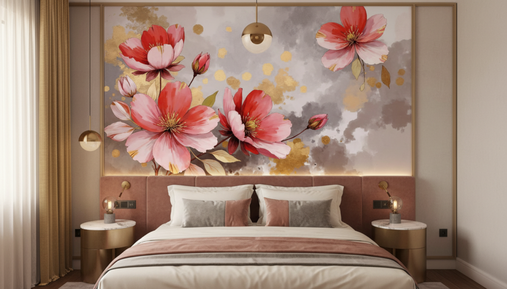 Papier peint aquarelle fleurs sakura rose doré moderne élégant - Hôtel