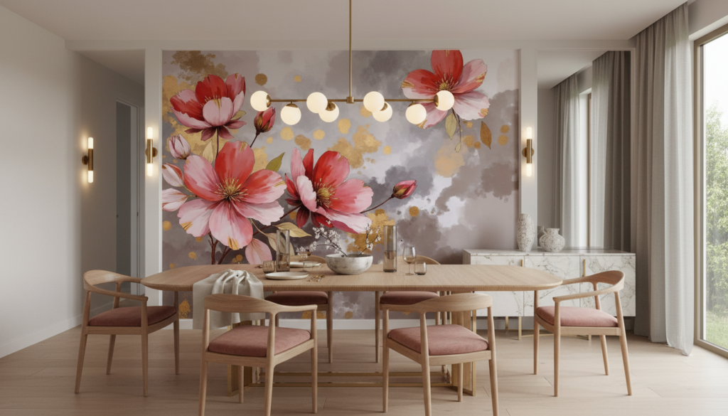 Papier peint aquarelle fleurs sakura rose doré moderne élégant - Salle à manger