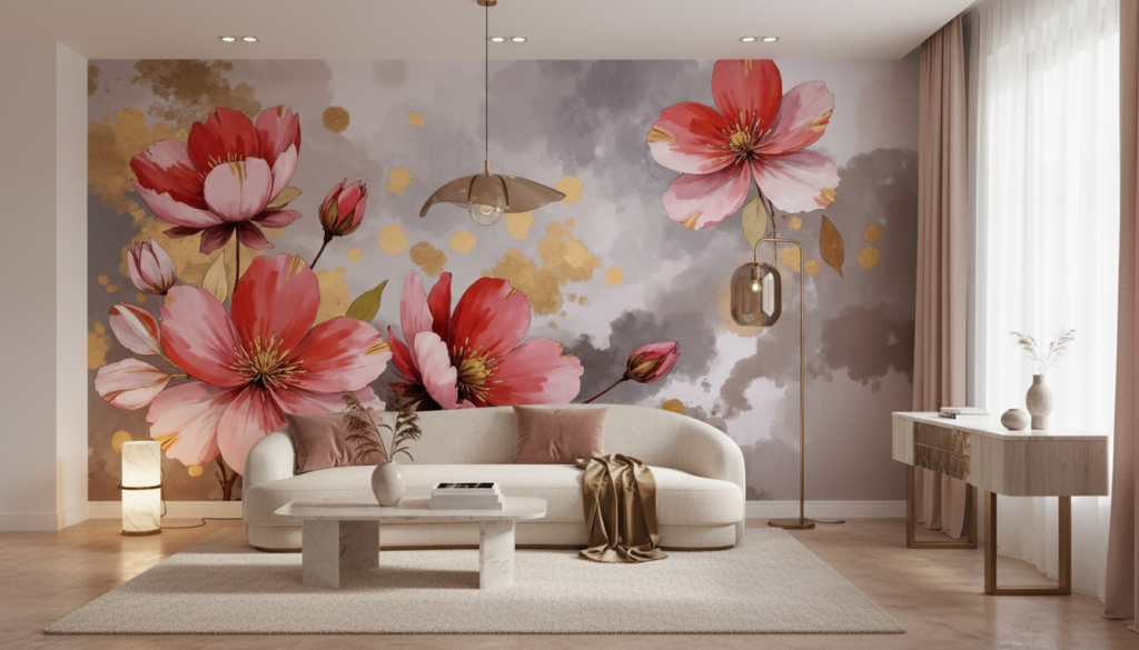 Papier peint aquarelle fleurs sakura rose doré moderne élégant - Salon / Séjour